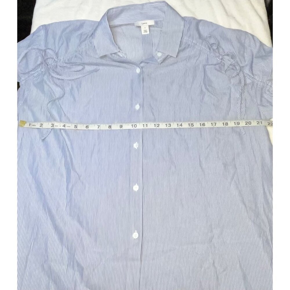 Lewit Women's Blue & White Striped Button-Down Shirt Size 1 Ruched sleeves